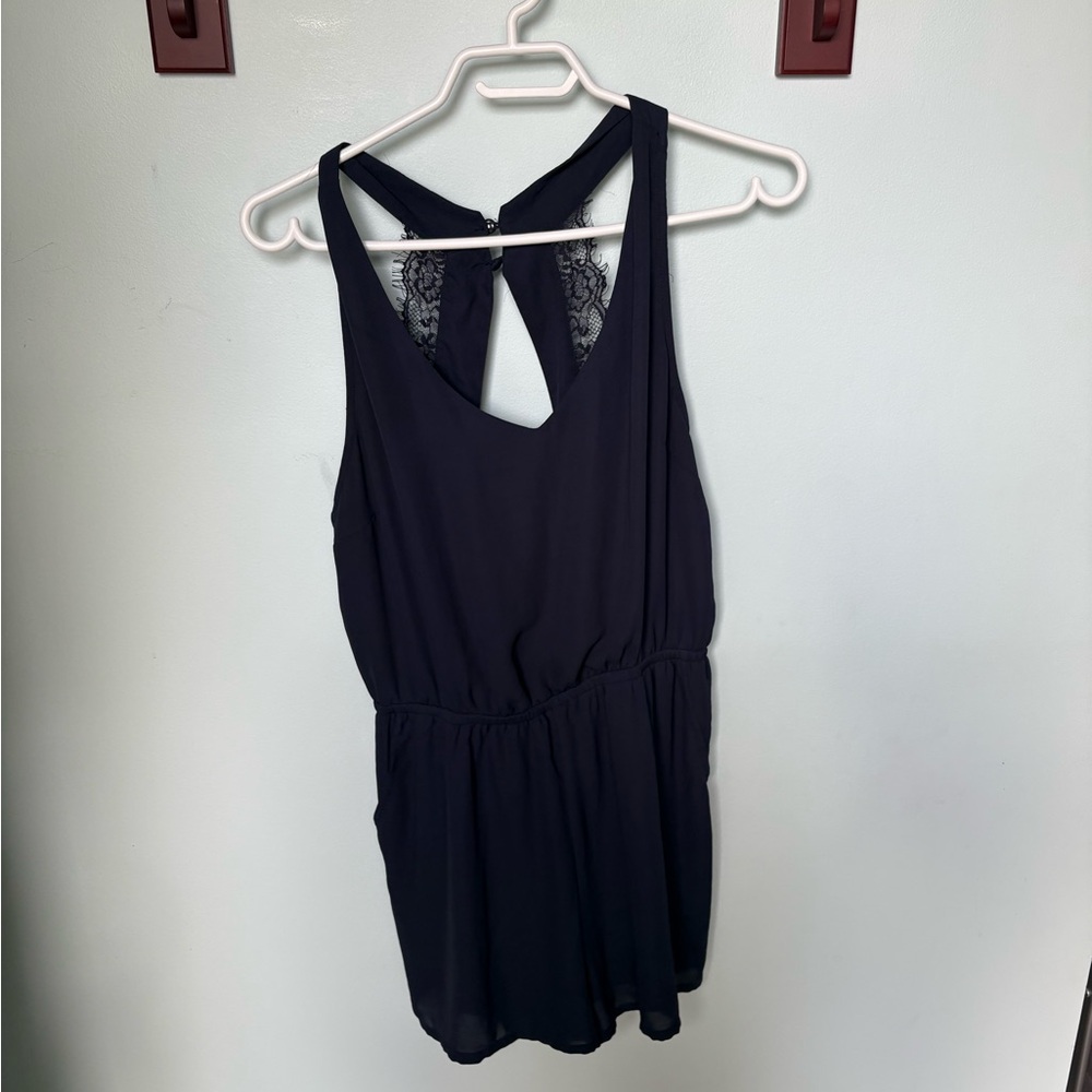 Navy Blue Romper With Pockets and Lace Accents